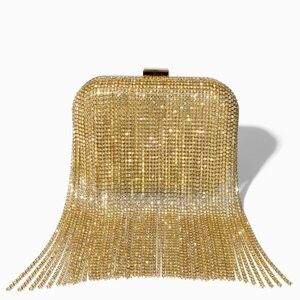Rhinestone Waterfall Fringe Gold Clutch Evening Bag